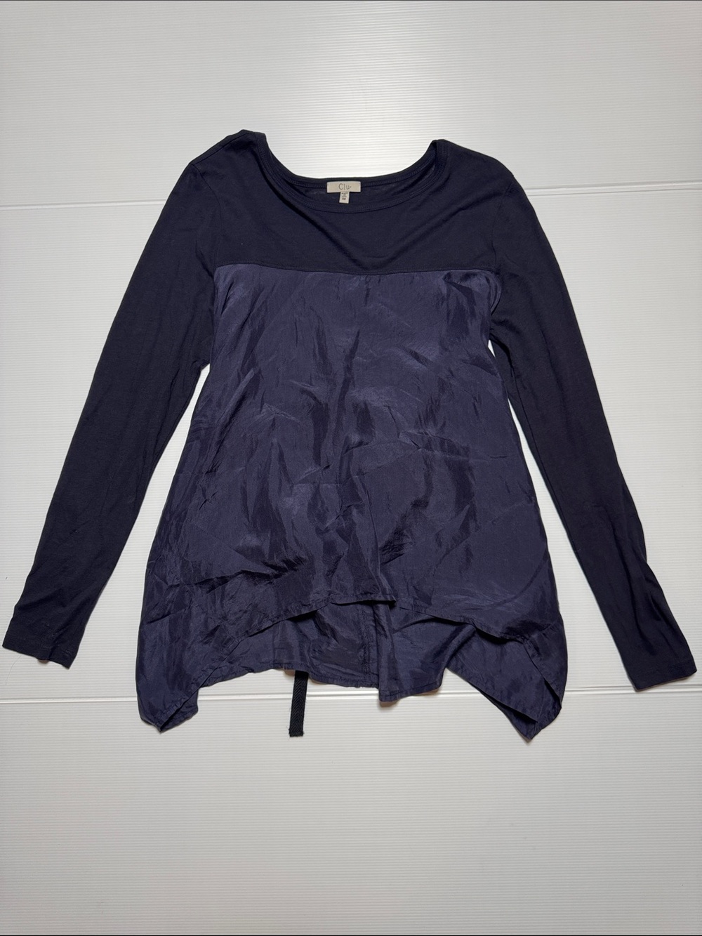 CLU Women's Navy Long-Sleeve Mixed-Media Cotton Silk Asymmetrical Top Back Tie M
